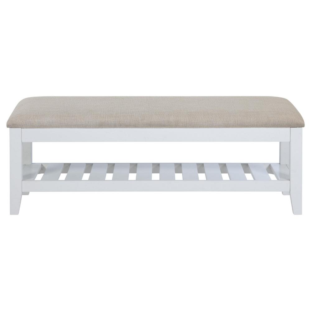 Benjara Heo Dining Bench, Slatted Shelf, Beige Padded Seat, 50 Inch White
