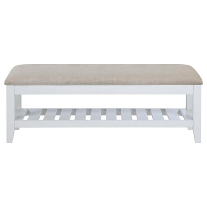 Benjara Heo Dining Bench, Slatted Shelf, Beige Padded Seat, 50 Inch White