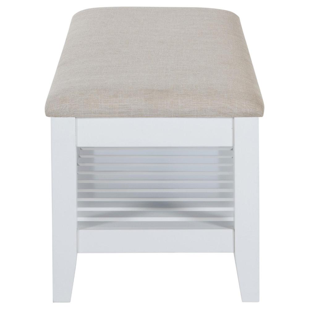 Benjara Heo Dining Bench, Slatted Shelf, Beige Padded Seat, 50 Inch White
