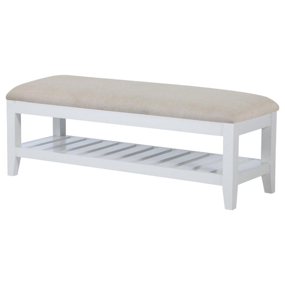 Benjara Heo Dining Bench, Slatted Shelf, Beige Padded Seat, 50 Inch White