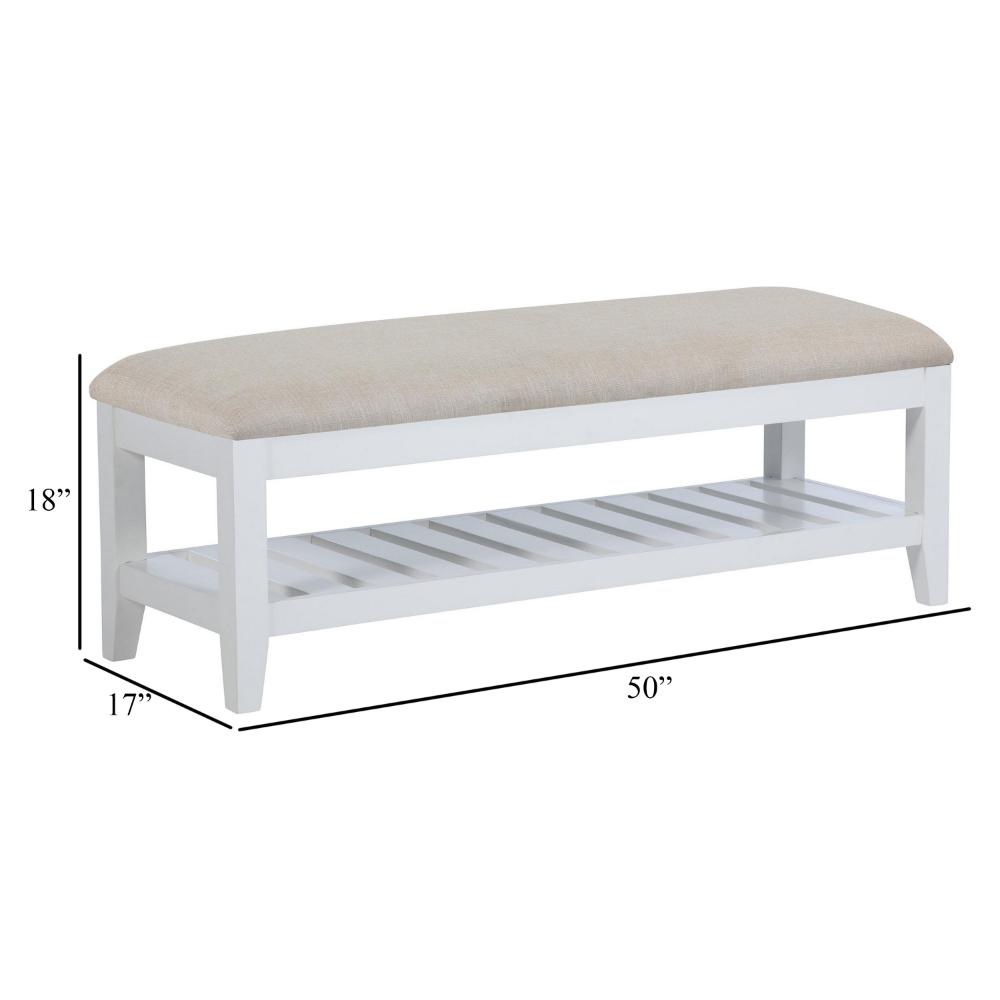 Benjara Heo Dining Bench, Slatted Shelf, Beige Padded Seat, 50 Inch White