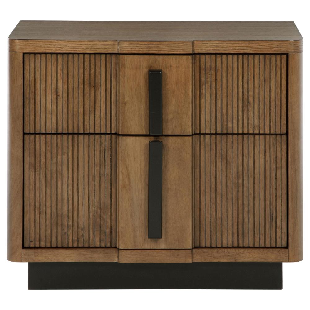 Benjara Reon Nightstand, 2 Drawers, Decorative Reeded Ash Brown Black Wood
