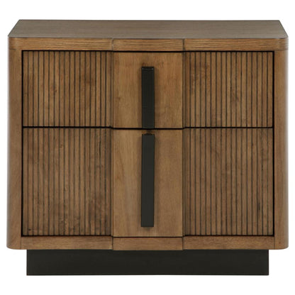 Benjara Reon Nightstand, 2 Drawers, Decorative Reeded Ash Brown Black Wood