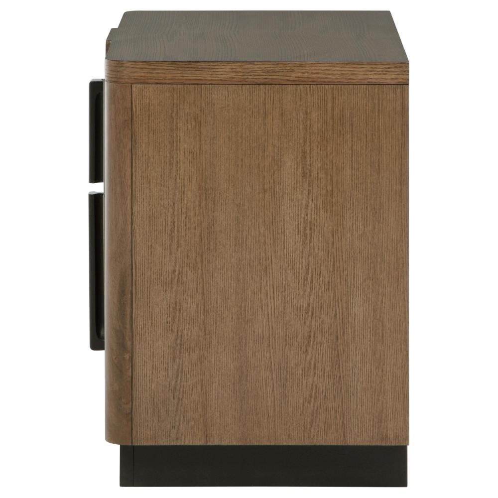 Benjara Reon Nightstand, 2 Drawers, Decorative Reeded Ash Brown Black Wood