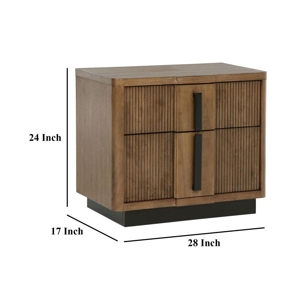 Benjara Reon Nightstand, 2 Drawers, Decorative Reeded Ash Brown Black Wood