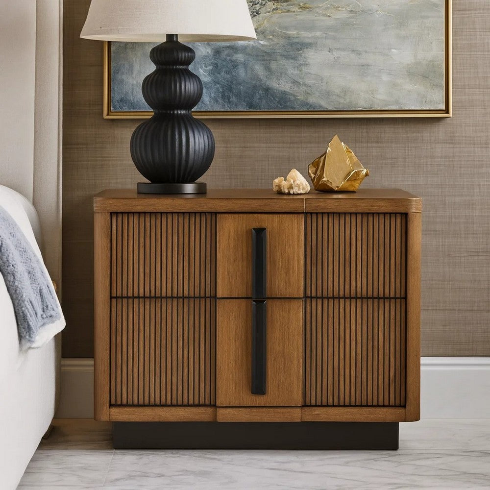 Benjara Reon Nightstand, 2 Drawers, Decorative Reeded Ash Brown Black Wood