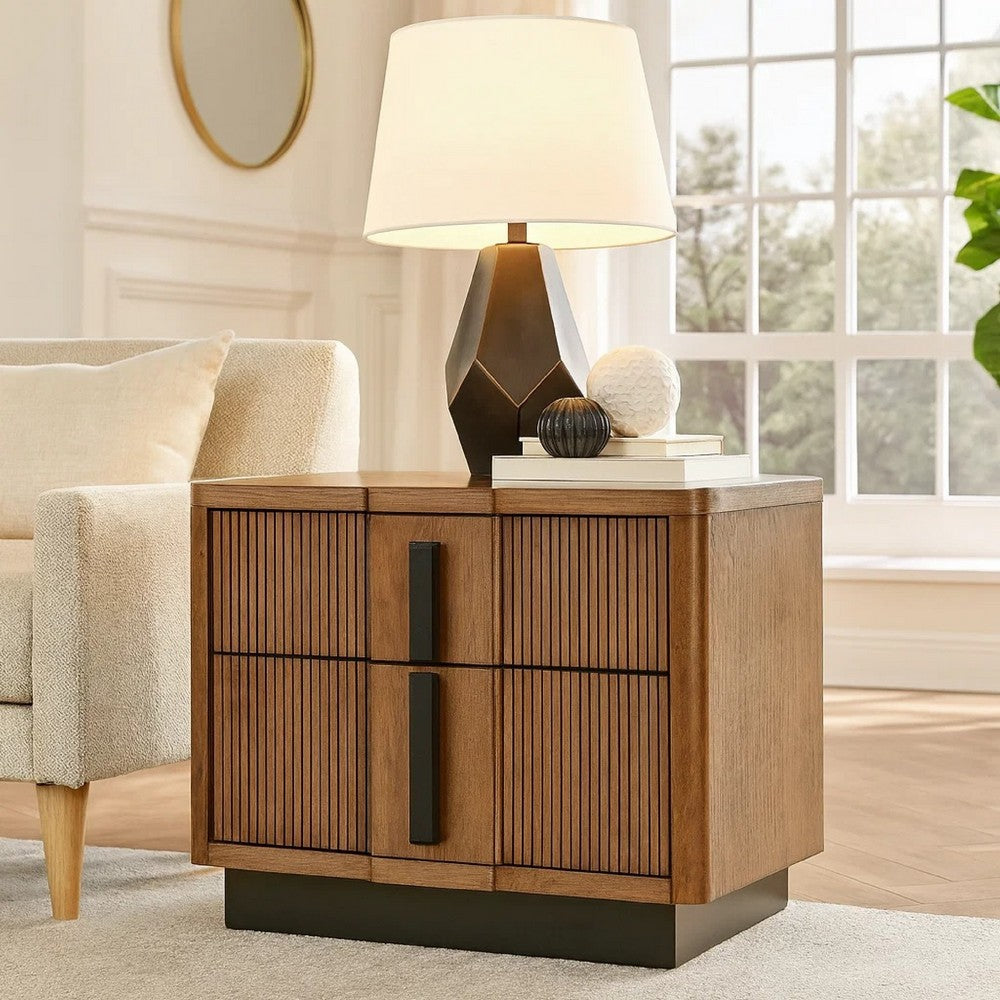 Benjara Reon Nightstand, 2 Drawers, Decorative Reeded Ash Brown Black Wood