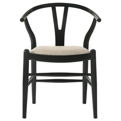 Benjara Ellie Wishbone Dining Chair Set of 2, Beige Fabric, Black Hardwood