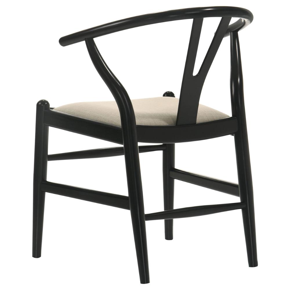Benjara Ellie Wishbone Dining Chair Set of 2, Beige Fabric, Black Hardwood