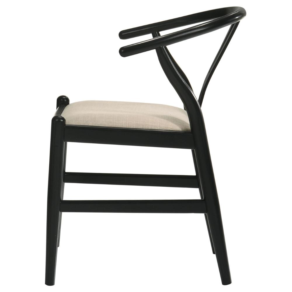 Benjara Ellie Wishbone Dining Chair Set of 2, Beige Fabric, Black Hardwood