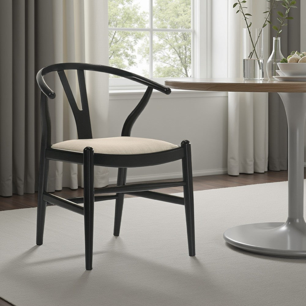 Benjara Ellie Wishbone Dining Chair Set of 2, Beige Fabric, Black Hardwood