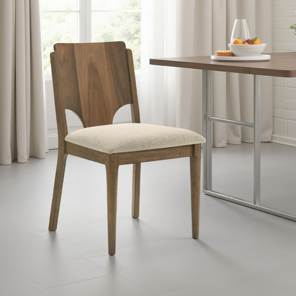 Benjara Billie Dining Chair Set of 2, Beige Fabric Seat, Brown Hardwood Frame