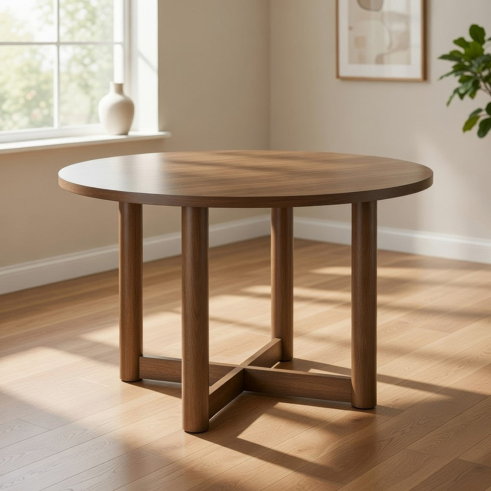 Benjara Billie Dining Table, Brown Wood Frame, Cross Legs, Round 46 Inch