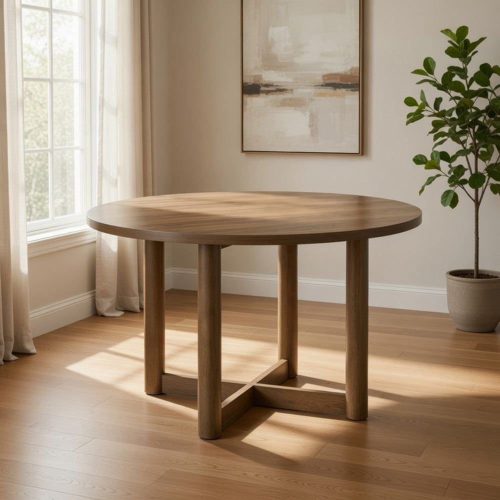 Benjara Billie Dining Table, Brown Wood Frame, Cross Legs, Round 46 Inch