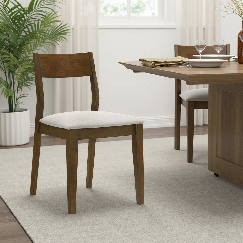 Benjara Montena Dining Chair Set of 2, White Fabric Seat, Dark Brown Wood