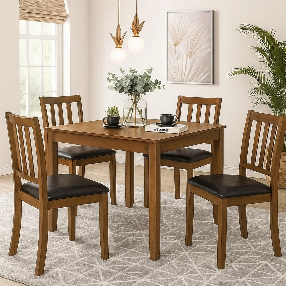 Benjara Panos 5pc Dining Table Set with 4 Chairs, Brown, Black Faux Leather