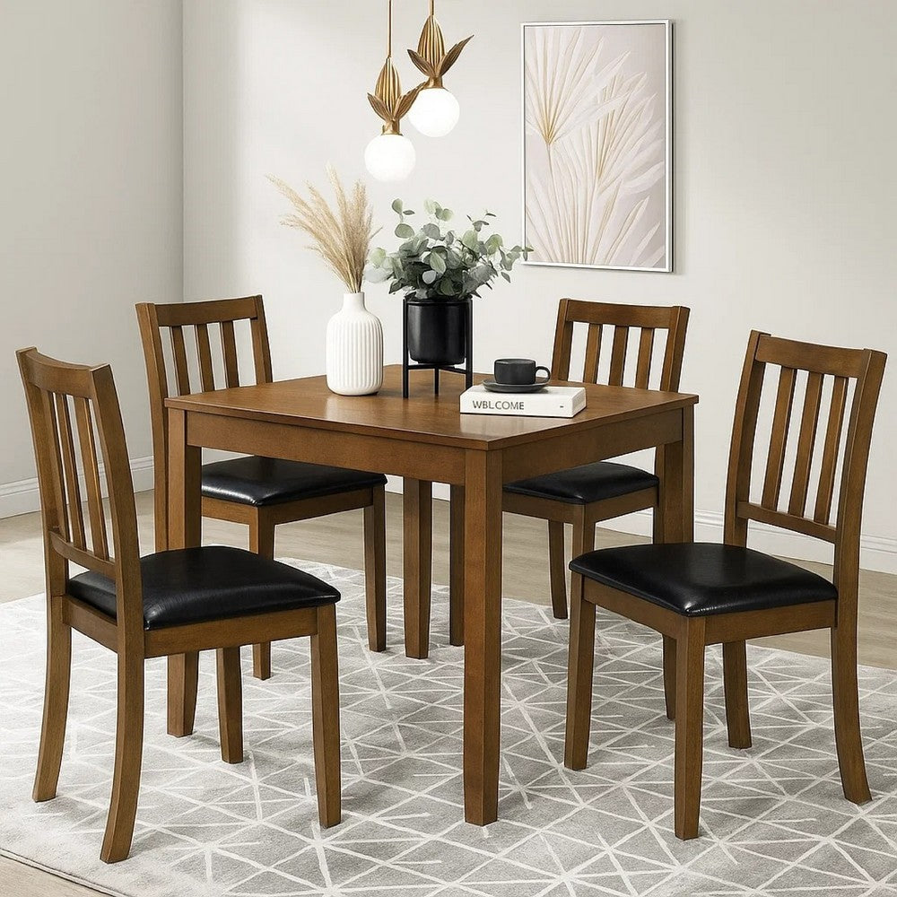 Benjara Panos 5pc Dining Table Set with 4 Chairs, Brown, Black Faux Leather