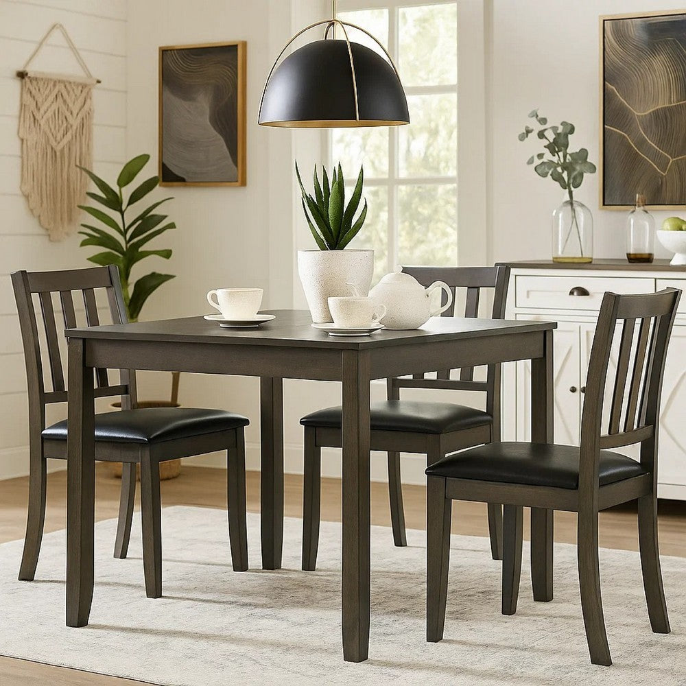 Benjara Panos 5pc Dining Table Set with 4 Chairs, Gray, Black Faux Leather