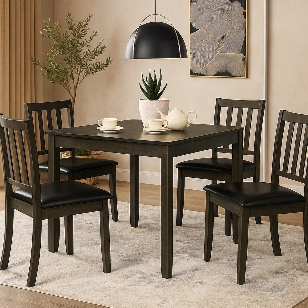 Benjara Panos 5pc Dining Table Set with 4 Chairs, Gray, Black Faux Leather