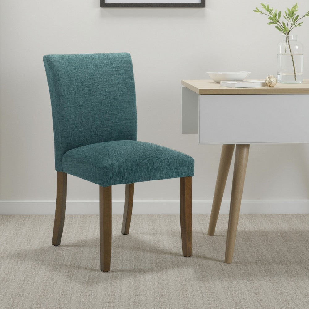 Benjara Cana Dining Chair Set of 2, Blue Fabric Foam Cushion, Brown Wood Legs