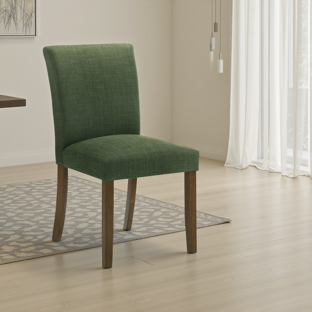 Benjara Cana Dining Chair Set of 2, Green Fabric Foam Cushion, Brown Wood Legs