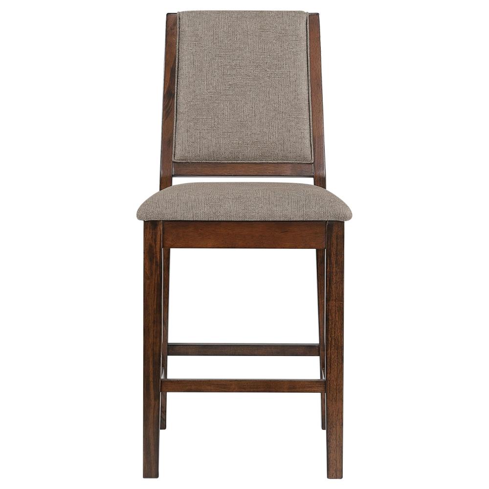 Benjara Patter Counter Height Chair Set of 2, Beige Fabric, Dark Brown 26 Inch