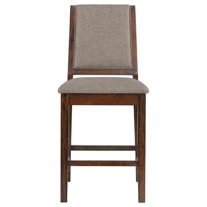 Benjara Patter Counter Height Chair Set of 2, Beige Fabric, Dark Brown 26 Inch