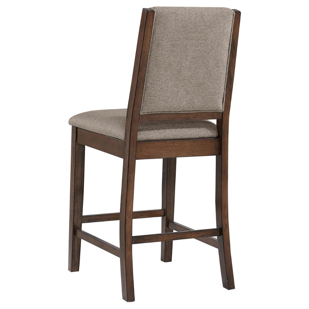 Benjara Patter Counter Height Chair Set of 2, Beige Fabric, Dark Brown 26 Inch