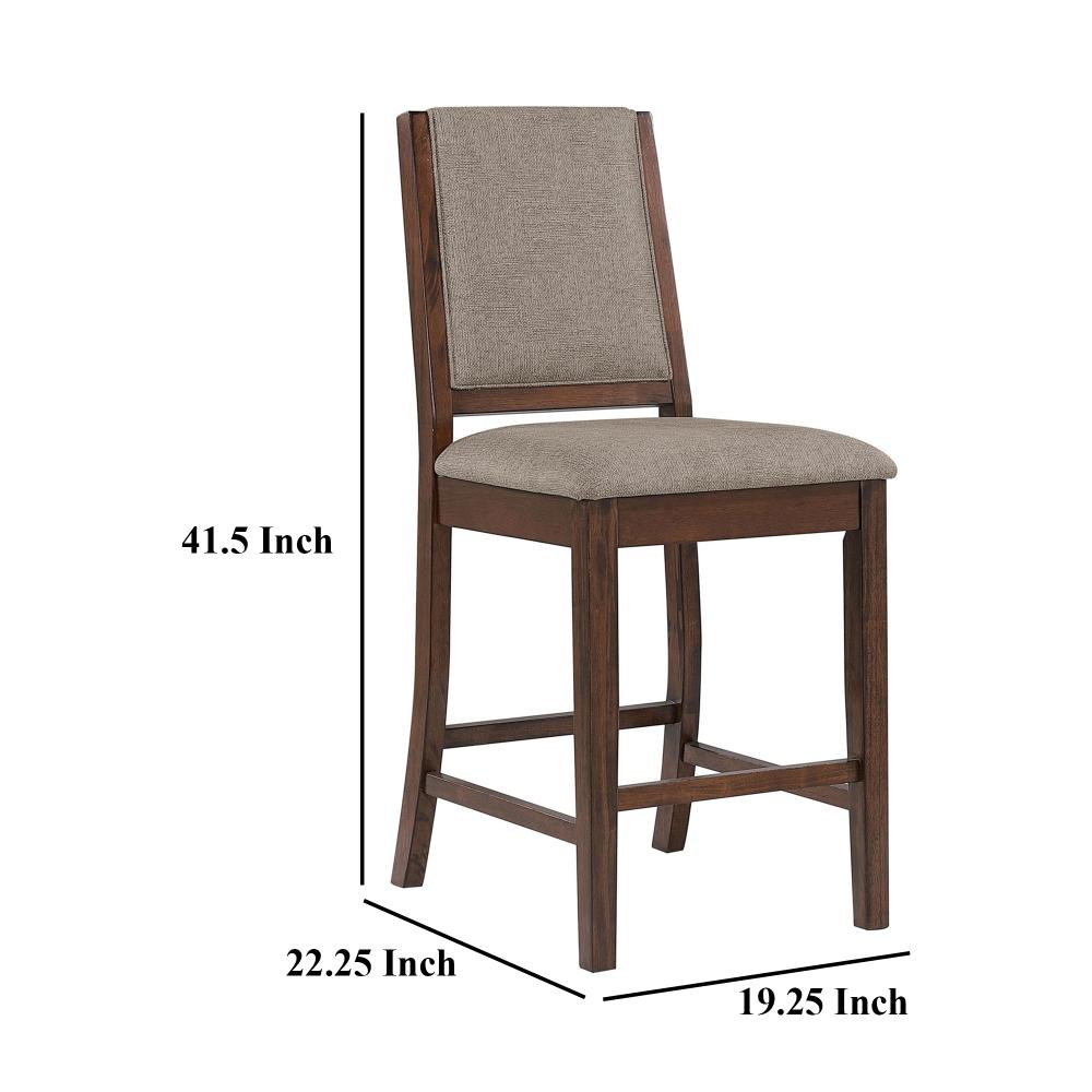 Benjara Patter Counter Height Chair Set of 2, Beige Fabric, Dark Brown 26 Inch