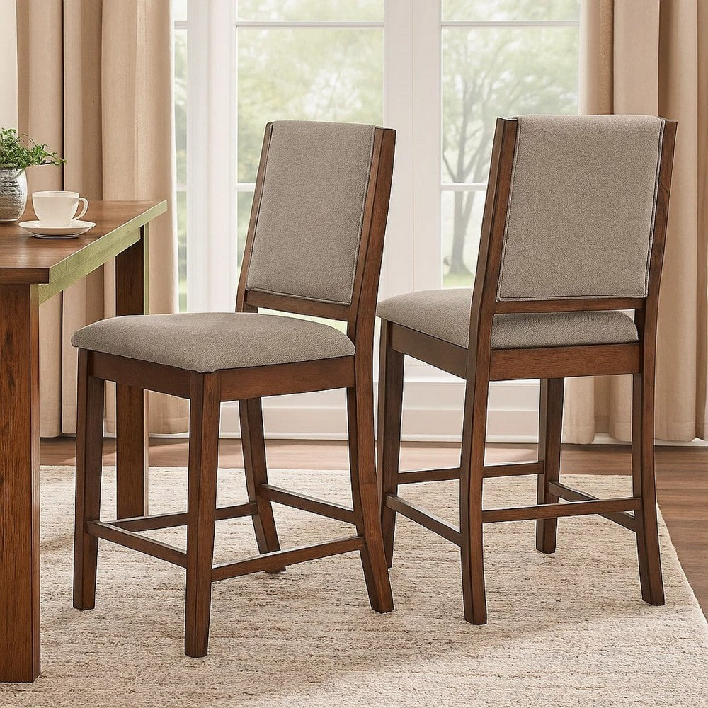 Benjara Patter Counter Height Chair Set of 2, Beige Fabric, Dark Brown 26 Inch