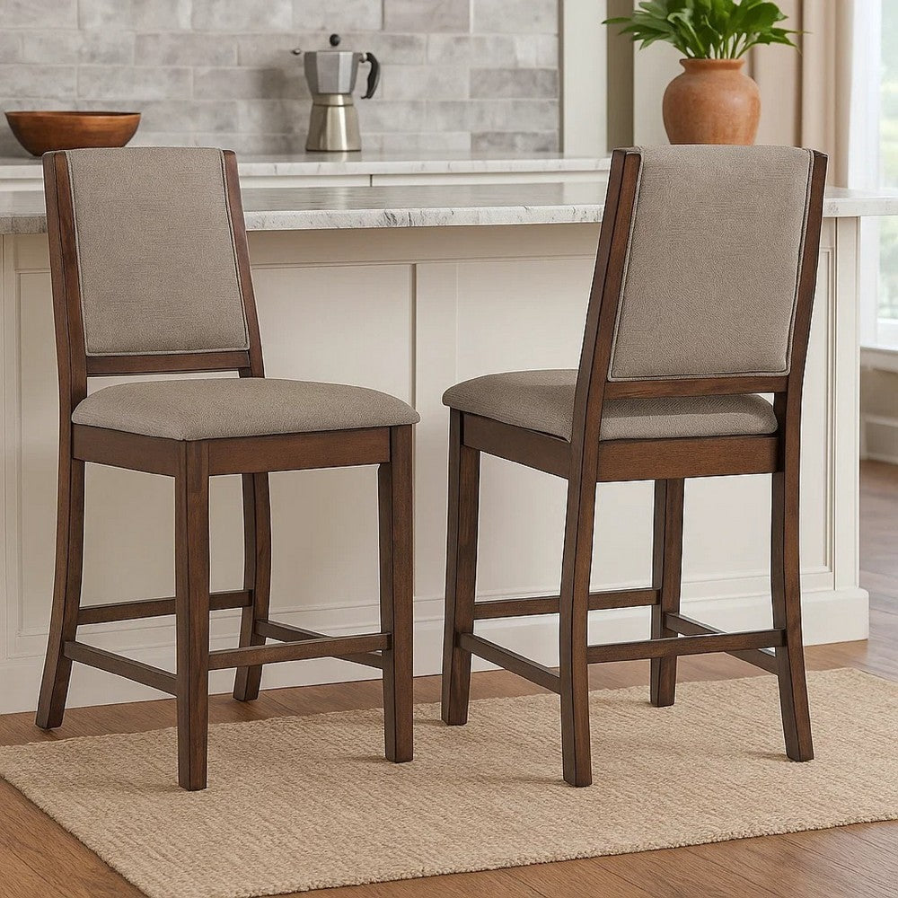 Benjara Patter Counter Height Chair Set of 2, Beige Fabric, Dark Brown 26 Inch