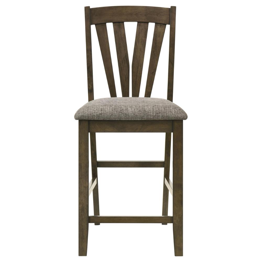 Benjara Kana Counter Height Chair Set of 2, Gray Fabric, Brown Wood Frame