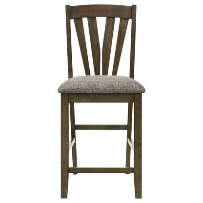 Benjara Kana Counter Height Chair Set of 2, Gray Fabric, Brown Wood Frame
