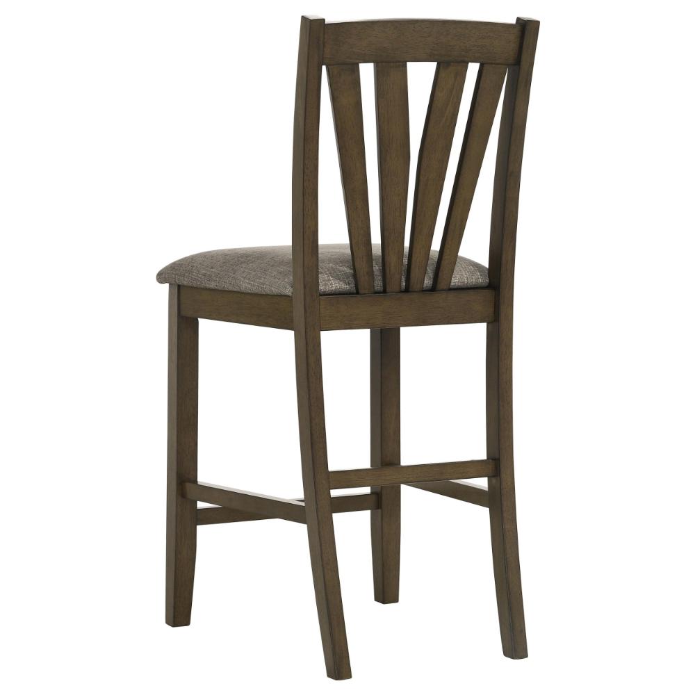 Benjara Kana Counter Height Chair Set of 2, Gray Fabric, Brown Wood Frame