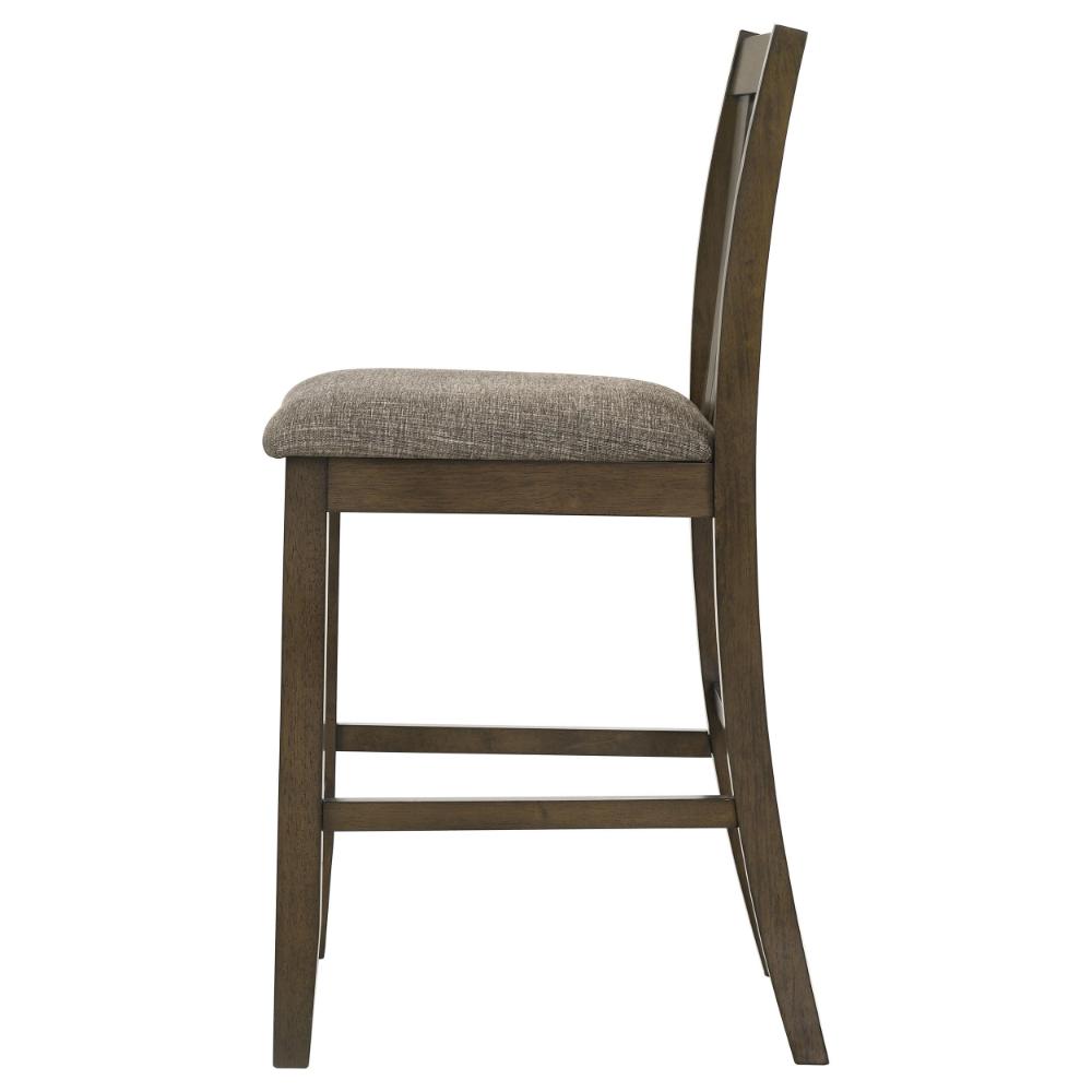 Benjara Kana Counter Height Chair Set of 2, Gray Fabric, Brown Wood Frame