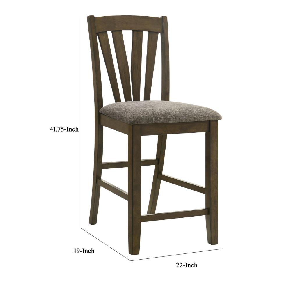 Benjara Kana Counter Height Chair Set of 2, Gray Fabric, Brown Wood Frame