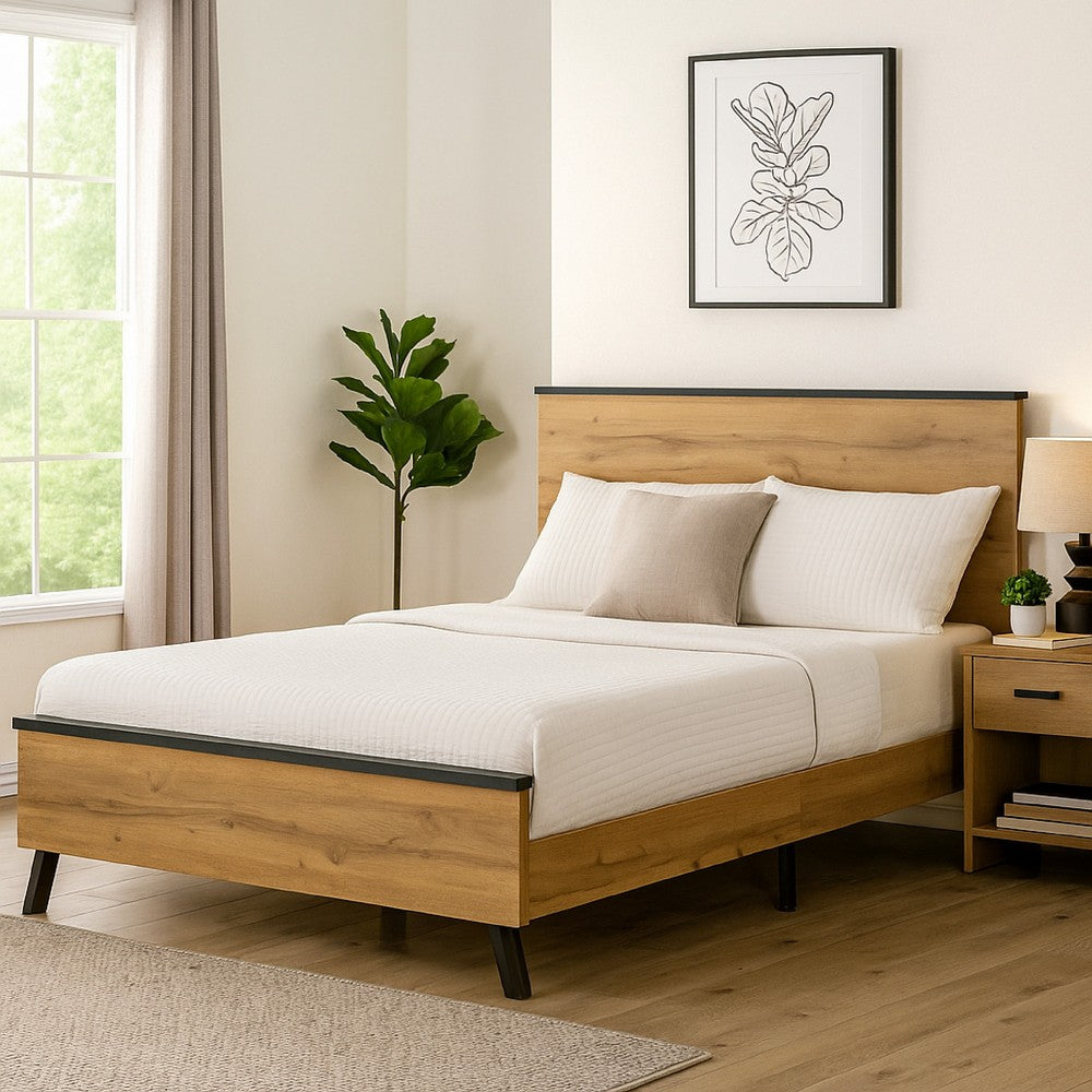 Benjara Wemy Queen Size Bed, Tall Panel Headboard, Natural Brown Pine Finish