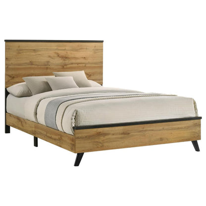 Benjara Wemy King Size Bed, Tall Panel Headboard, Natural Brown Pine Finish