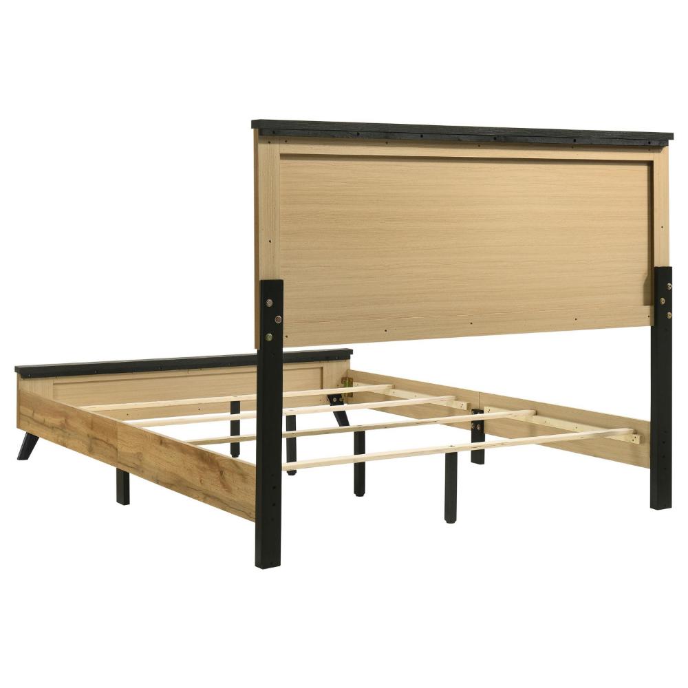 Benjara Wemy King Size Bed, Tall Panel Headboard, Natural Brown Pine Finish