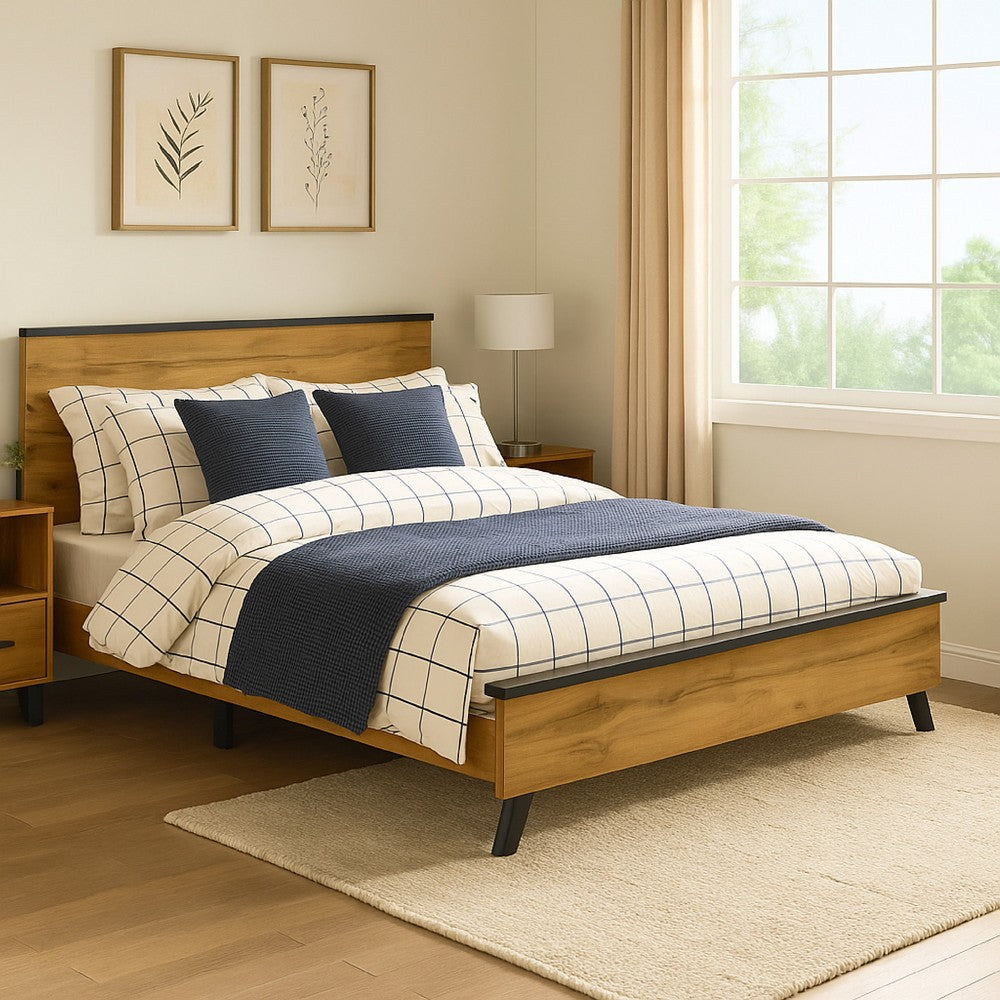 Benjara Wemy King Size Bed, Tall Panel Headboard, Natural Brown Pine Finish
