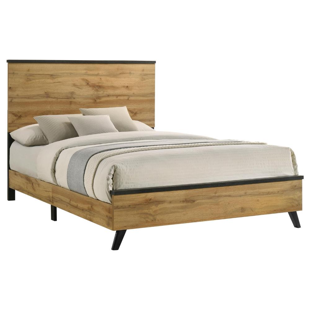 Benjara Wemy Full Size Bed, Tall Panel Headboard, Natural Brown Pine Finish