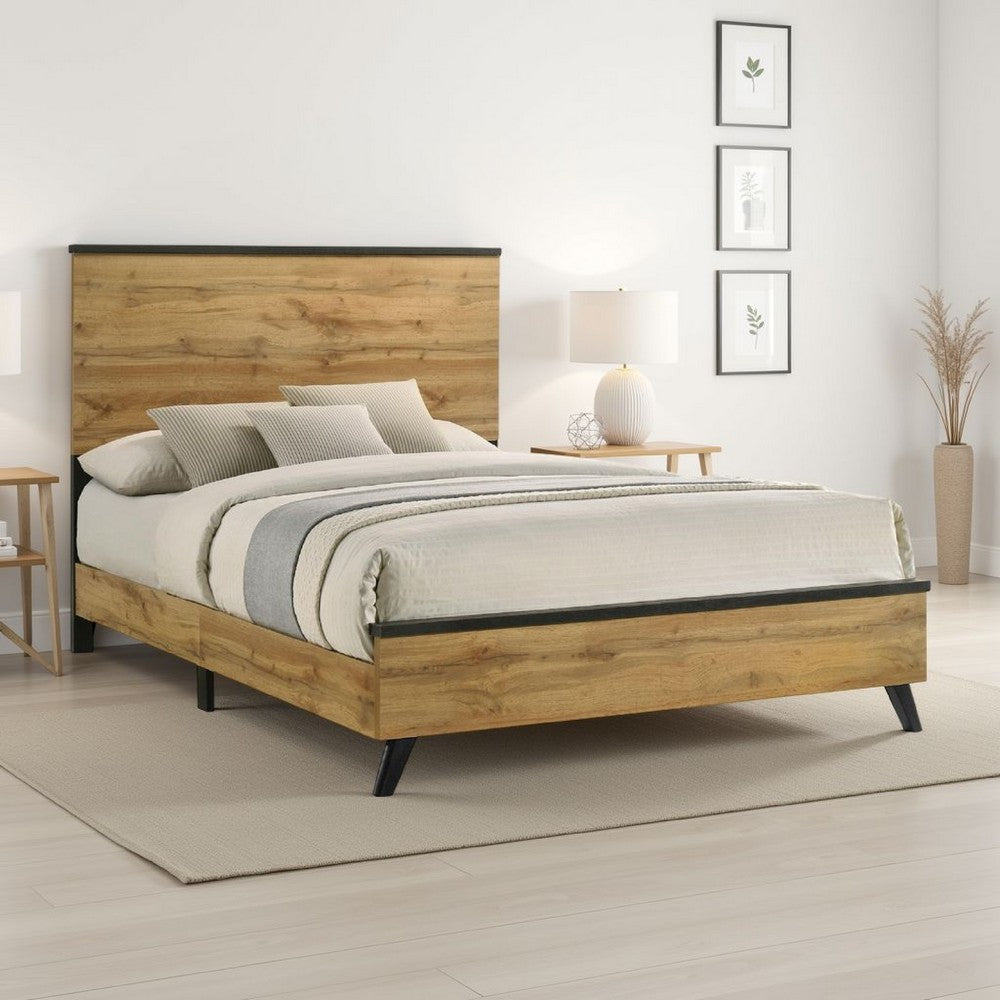Benjara Wemy Full Size Bed, Tall Panel Headboard, Natural Brown Pine Finish