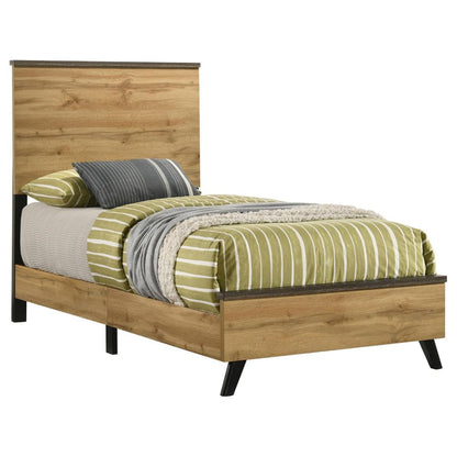 Benjara Wemy Twin Size Bed, Tall Panel Headboard, Natural Brown Pine Finish