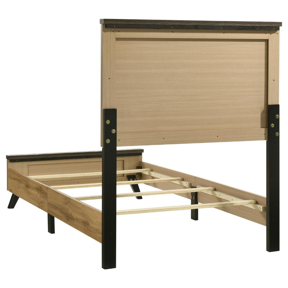 Benjara Wemy Twin Size Bed, Tall Panel Headboard, Natural Brown Pine Finish