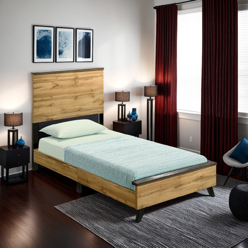 Benjara Wemy Twin Size Bed, Tall Panel Headboard, Natural Brown Pine Finish