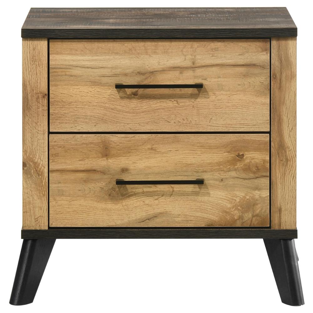 Benjara Wemy Nightstand with 2 Drawers, Metal Legs, Weathered Brown Pine Wood