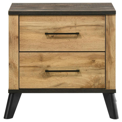Benjara Wemy Nightstand with 2 Drawers, Metal Legs, Weathered Brown Pine Wood