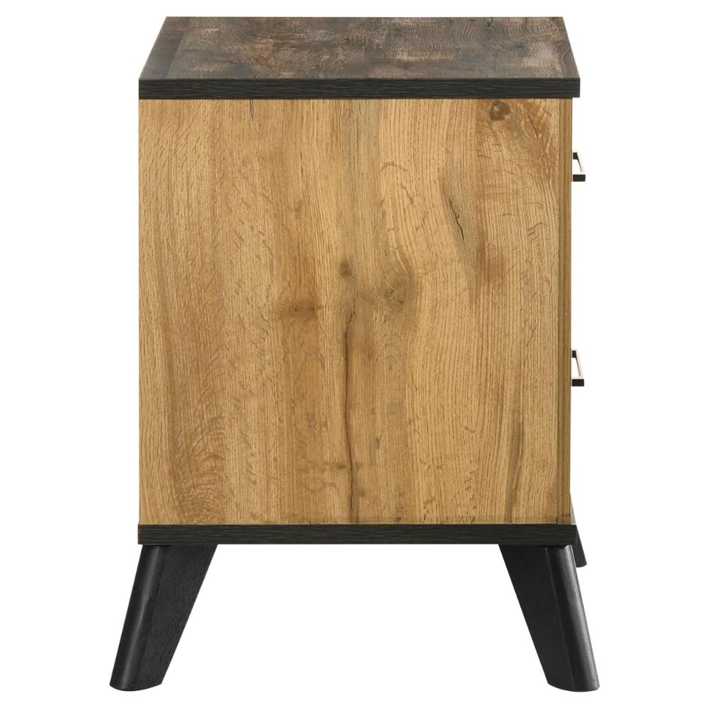 Benjara Wemy Nightstand with 2 Drawers, Metal Legs, Weathered Brown Pine Wood