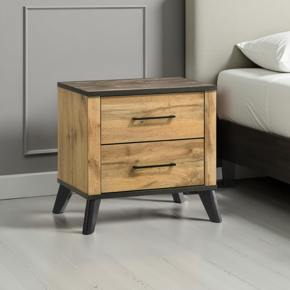 Benjara Wemy Nightstand with 2 Drawers, Metal Legs, Weathered Brown Pine Wood