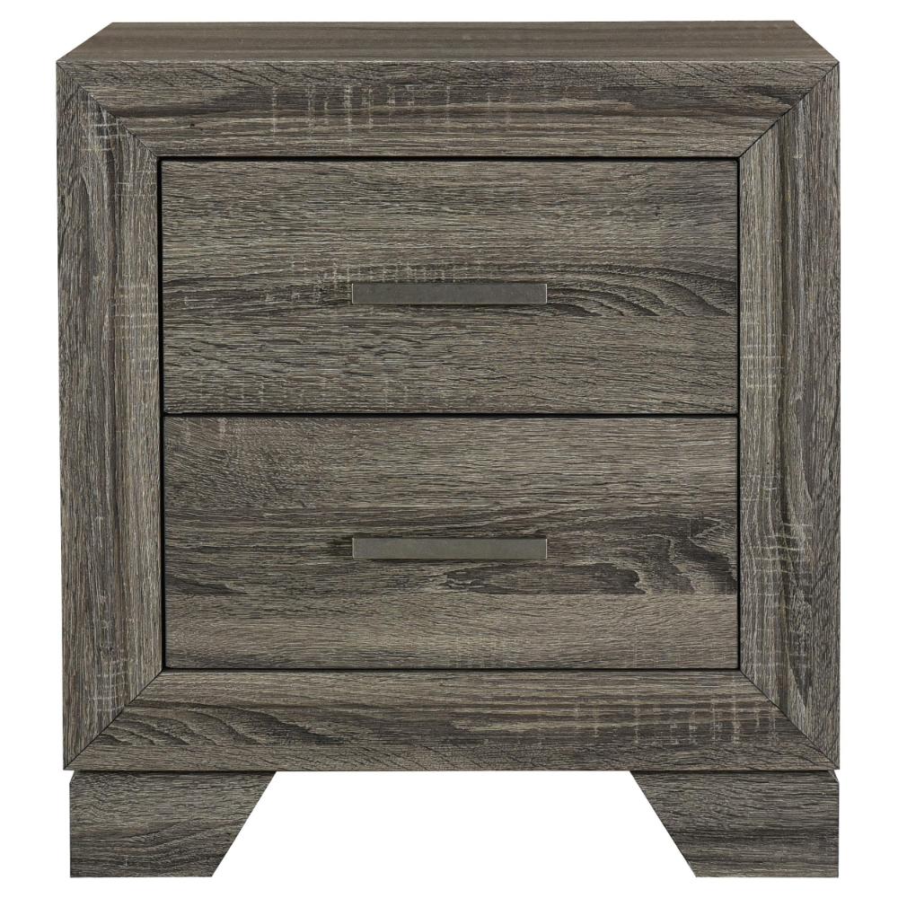 Benjara Reay Nightstand, Brown Oak Finish, 2 Drawers Silver Metal Bar Handles